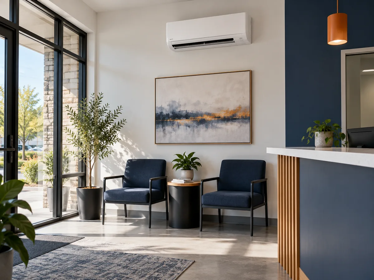 Illustrative business waiting area with a wall-mounted mini split