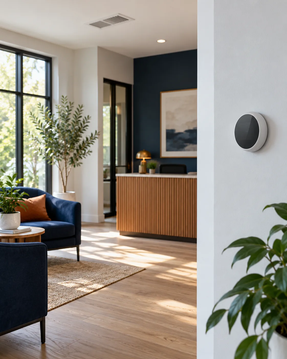 Illustrative comfortable interior with a wall thermostat