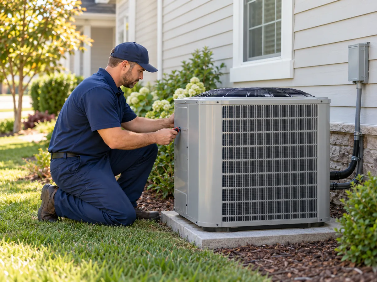 Illustrative technician inspecting a home's outdoor air conditioning unit