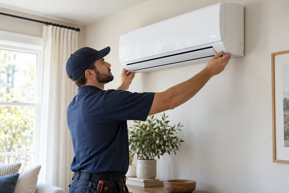 Illustrative technician finishing a wall-mounted indoor mini split installation