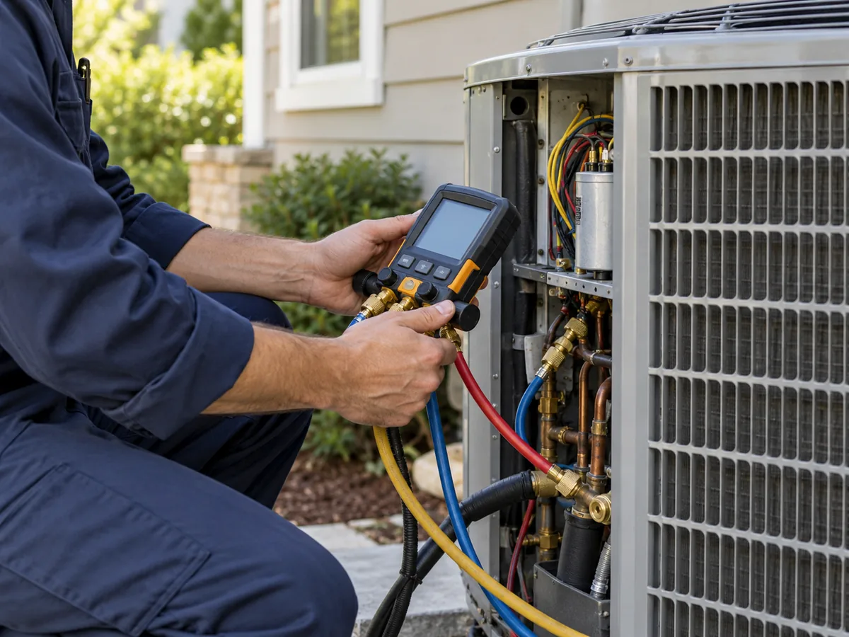 Illustrative close-up of a technician inspecting a residential HVAC unit
